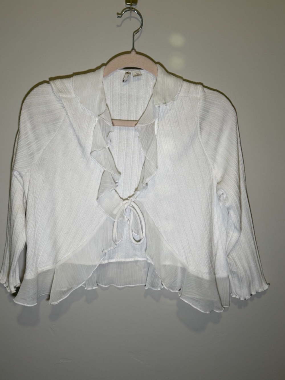 Cato White Ruffle Tie-Front Cropped Cardigan